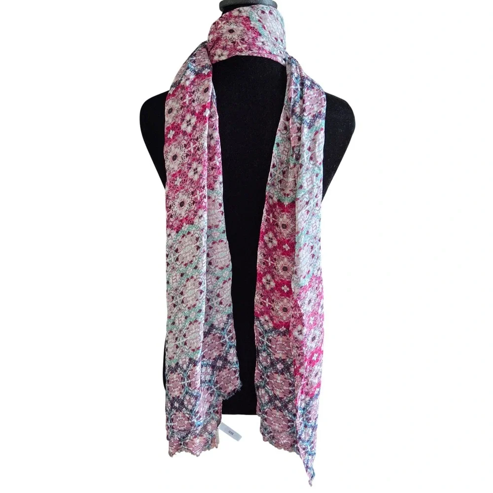 Talbots Pink Purple Teal Medallion Print Boho Viscose Scarf Wrap 78